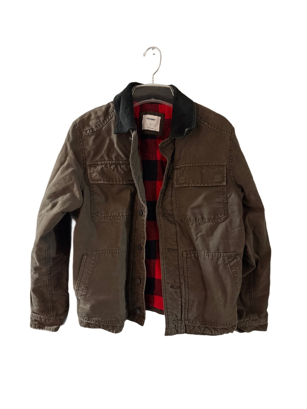 Old Navy Brown Canvas Jacket with Red Plaid Lining
